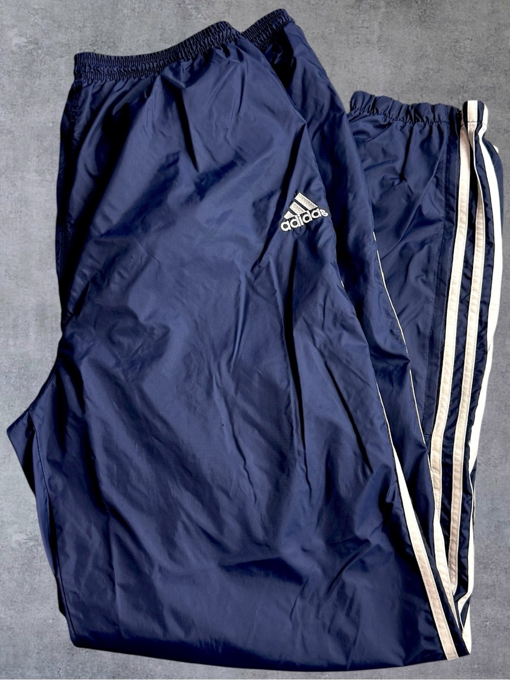 Adidas Track Pants Mens Size XXL Navy Blue 3 Stripe Nylon Windbreaker Zip Leg
